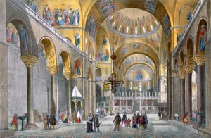 Wnętrze bazyliki San Marco, patrząc w stronę kopuły, z Widoków Wenecji autorstwa Cecchiniego, Pividora i Violi, ok.1850 (litografia ręcznie kolorowana) autorstwa Italian School
