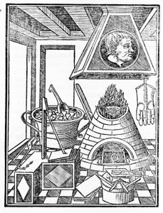Widok wnętrza warsztatu metalurgicznego Grawer z „Voarchadumia contra alchimiam ars differenta ab archimia et sophia..” Giovanniego Agostino Pantheo (1517-1535) autorstwa Italian School