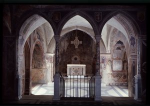 Widok wnętrza prezbiterium i ołtarza, jaskini św. Benedykta (sacro speco) Subiaco autorstwa Italian School