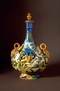 Io et Juno Ceramiczna karafka wyprodukowana w Urbino w warsztacie Fontana we Włoszech. XVI-wieczna Florencja, Museo Nazionale del Bargello - Io i Juno. Dzbanek ceramiczny z warsztatu Fontana, Urbino. 16 wiek. Muzeum Narodowe Bargello, Florencja, Włochy autorstwa Italian School