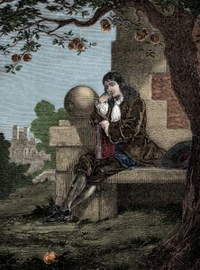 Isaac Newton siedzący pod drzewem obserwuje spadające jabłko na ziemię autorstwa Italian School