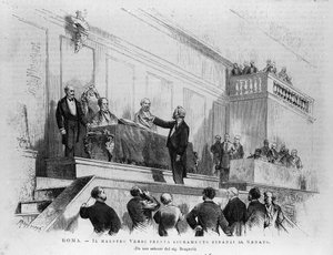 Włoski kompozytor Giuseppe Verdi (1813-1901) mianowany senatorem Senatu w 1874 r. w Rzymie. Grawerowanie z 1875 roku. autorstwa Italian School