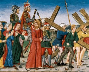 Jezus po drodze prowadzi na Kalwarię i Święte Niewiasty. Rękopis Cristobala de Predis (1440-1486) autorstwa Italian School