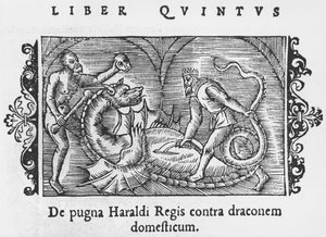 Król Harald walczący ze smokiem, ilustracja z Historii Narodów Północy autorstwa Olausa Magnusa (1490-1558), opublikowana w Rzymie, 1555 autorstwa Italian School