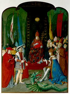 Król Henryk VIII w sporze z cesarzem Karolem V przed papieżem Leonem X. Henryk trzyma w ręku zwój, którym może być bulla z 1521 r. przyznająca mu tytuł „Obrońca wiary” (tusz i akwarela na papierze) autorstwa Italian School