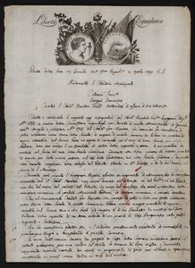 List w języku włoskim, przedstawiający głowę Brutusa młodszego, płonącą rękę przedstawiającą Gajusza Mucjusza Scevolę oraz motto Rewolucji Francuskiej autorstwa Italian School