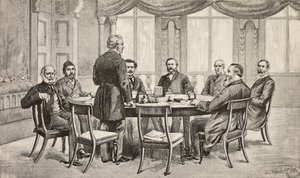 Konferencja londyńska na temat Egiptu, Wielka Brytania: Hrabia Munster, Musurus Pasha, Granville (stojący), Hrabia Nigra, Waddington, De Staal, Childers, Hrabia Karolyi, rycina z rysunku Edoardo Ximenesa, z L