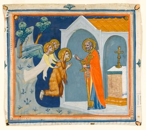 MS McClean folio 201.4 r Św. Maria Magdalena, na pustkowiu wokół Aix, niesiona przez anioły do św. Maksymina, który udziela jej ostatniej komunii, ok. 1330 autorstwa Italian School
