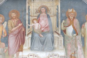 Madonna z Dzieciątkiem, Anioł Gabriel, Święty Jan Chrzciciel, Święty Ambroży, Święty Bernard autorstwa Italian School
