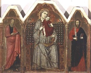 Madonna z Dzieciątkiem w tronie, z SS. Janem Ewangelistą i Pawłem, szkoła rimińska (płyta tryptyku) autorstwa Italian School