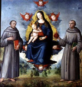 Madonna z Dzieciątkiem, otoczeni przez SS Franciszka z Asyżu i Antoniego z Padwy (tempera na panelu) autorstwa Italian School