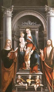 Madonna z Dzieciątkiem otrzymująca różę od Dzieciątka Św. Jana Chrzciciela, ze świętymi i aniołami M.B. (monogram) autorstwa Italian School