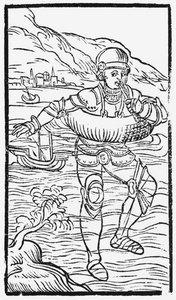 Człowiek z pierścieniem życia, ilustracja z Historii narodów Północy Olausa Magnusa (1490-1558), opublikowana w Rzymie, 1555 autorstwa Italian School