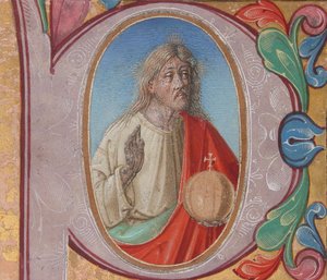 Iluminacja rękopisu z Salvator Mundi w inicjale P, z księgi chóralnej (tempera, atrament i złoto na pergaminie) autorstwa Italian School