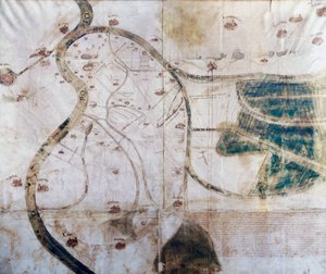 Mapa terytorium klasztoru San Benedetto Po u zbiegu Secchia i Mincio do Padu, na odpowiednich obszarach rekultywowanych i kanałach melioracyjnych, Włochy autorstwa Italian School