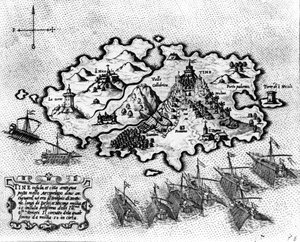 Mapa wyspy Tinos z flotą wenecką, XVII wiek