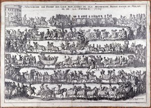 Maskarada: procesja i taniec ludowych masek z okazji karnawału. Mediolan 20.02.1764 Grawerowanie XVIII wieku autorstwa Italian School