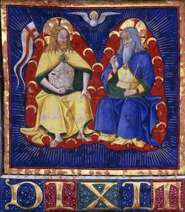 Master of the Vitae Imperatorum: Trójca, miniatura z iluminowanego księgi chóralnej na welinie, ok. 1440 (farba i polerowane złoto na welinie) autorstwa Italian School