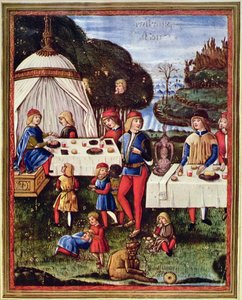 Maximilian Sforza jako dziecko jedzący posiłek w ogrodzie, ilustracja z egzemplarza „Ars grammatica” (velum) autorstwa Italian School