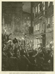 Mazzini w Mediolanie, Arringa Ludu z Balkonu Albergo Della Bella Venezia (rycina) autorstwa Italian School