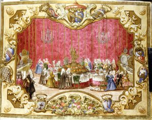 Posiłek wydany na cześć gonfaloniera Zambeccari za zaangażowanie wymiaru sprawiedliwości. 1720. Bolonia, Archiwa Państwowe. autorstwa Italian School