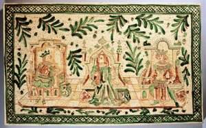 Średniowieczna plakieta dekoracyjna przedstawiająca Konstancję z Hauteville, Rogera Sycylijskiego i Fryderyka II Hohenstaufena, manufaktura Alessi, Caltagirone, Sycylia, Włochy (ceramika) autorstwa Italian School