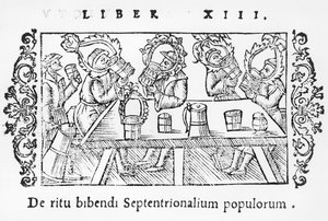Picie mężczyzn, ilustracja z Historii Narodów Północy autorstwa Olausa Magnusa (1490-1558), opublikowana w Rzymie, 1555 autorstwa Italian School