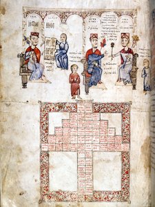 Miniaturowa strona „Ecloga Legum”, rękopis prawniczy z 1175 r. Przedstawione postacie to od lewej do prawej Justynian I (482 - 565), Leon I (457-474) i Konstantyn I Wielki (270/288 - 337) . Wenecja, Biblia. Marciana. autorstwa Italian School