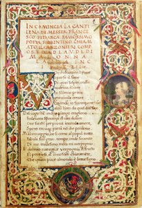 Ms.392 fol.1 Pieśń na cześć Wawrzyńca z „Sonetti, Canzoni e Triomphi” Petrarki autorstwa Italian School