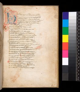 Ms 315. Horace, Ars Poetica i Epistulae, f.1r. Zdobiony inicjał [N] w kolorze niebieskim i czerwonym pieluszkowe wypełnienie i otaczające pióro w kolorze czerwonym autorstwa Italian School