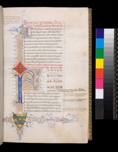 Ms 329. Statius, Thebaid, f.19r. Iluminowany inicjał [F] w kolorze niebieskim z zarezerwowaną dekoracją dla incipitu i inicjał mniejszy [A] w kolorze złotym dla argumentum oraz misterne kontrastujące ozdobne złoto-błękitne pióra, rozciągające się w formie  autorstwa Italian School