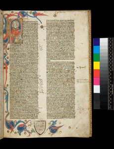 Ms 370. Orosius, Historia pogan przeciwko poganom Iluminowany inicjał mieszkalny [P], z portretem autora w stroju biskupa i częściową bordiurą z motywami roślinnymi, Bolonia lub Padwa autorstwa Italian School