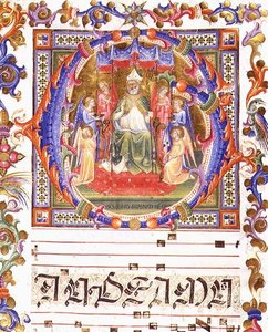 Ms 557 f.35v Historyczny inicjał „O” przedstawiający Aegidiusza (St. Giles) (zm. 700) na tronie w otoczeniu aniołów, z „Messale di Sant