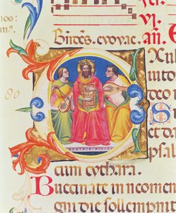 Ms. 559 f.155v Historyczny inicjał O przedstawiający króla Dawida i dwa anioły, z Psałterza Santa Maria Novella, iluminowany przez Paolo Soldiniego (fl.1342-86) 1379 autorstwa Italian School