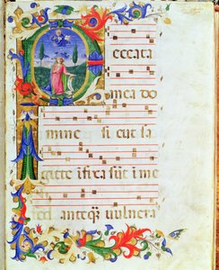 Ms 577 f.1 Historyczny inicjał „P” przedstawiający męską postać na pustyni, z „Messale di Sant