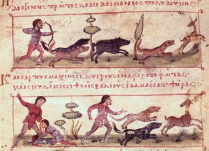 Pani Grec 479 Polowanie na jelenie, ilustracja z Cynegetica autorstwa Oppiana (tempera na welinie) autorstwa Italian School