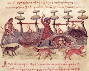 Pani Grec 479 Polowanie z sieciami, ilustracja z Cynegetica autorstwa Oppiana (tempera na welinie) autorstwa Italian School