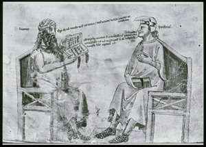 Pani Lat 6823 fol.2 Averroes (1126-98) w rozmowie z Porfirem (ok. 232-c. 305) (pióro i atrament oraz pranie na papierze) autorstwa Italian School