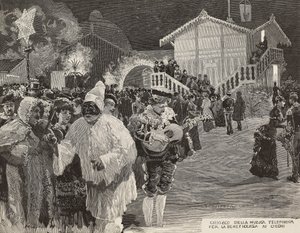 Kiosk z muzyką do zbierania pieniędzy dla niewidomych, Maska Pulcinella, Karnawał w Neapolu, Włochy, rycina z rysunku Matania, rycina Gamberoni z L