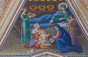 Narodzenia Maryi, mozaika, szczyt bocznego wejścia, mozaika, fasada katedry w Orvieto, Umbria, Włochy autorstwa Italian School