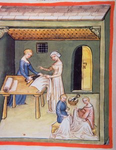 Nova 2644 fol.105v Sklep krawiecki: Ubrania z lnu, od Tacuinum Sanitatis autorstwa Italian School