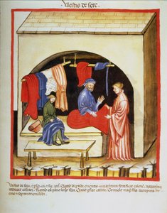 Nova 2644 fol.106r Sklep krawiecki : Jedwabne ubrania z Tacuinum Sanitatis autorstwa Italian School