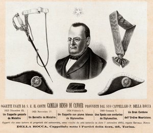 Przedmioty używane przez Camilla Benso conte di Cavour (1810-1861) - kapelusze i insygnia jego funkcji politycznych i dyplomatycznych, z wielkim sznurem Zakonu św. Maurycego i św. Łazarza (Ordine dei Santi Maurizio e Lazzaro) - Grawerowanie XIX w. autorstwa Italian School