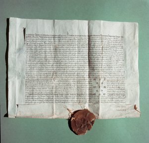 Oficjalny dokument cesarza Karola IV (1316-1378) oficjalnie certyfikujący Uniwersytet w Sienie (Universita di Siena) jako Studium Ogólne”” autorstwa Italian School