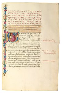 PSEUDO-ARISTOTLE, Secreta secretorum; "MARDOCHEUS IUDEUS", Epistola ad Alexandrum de cognitione veri dei; ADAM DE MONTALDO (ok. 1450-1495), Divinitus prolata iudicia sive premonita; Quedam alia summatim posita iudicia, Rzym, ok. 1490 (tusz i kolor na welin autorstwa Italian School