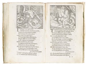 Strona z „Sonetti Lussuriosi” Pietro Aretino, ilustrowana przez Giulio Romano i grawerowana przez Marcantonio Raimondi, wydana w Wenecji, ok. 1527 autorstwa Italian School