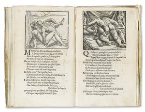 Strona z „Sonetti Lussuriosi” Pietro Aretino, ilustrowana przez Giulio Romano i rytowana przez Marcantonio Raimondi, wydana Wenecja, ok. 1527 (druk i drzeworyt) autorstwa Italian School