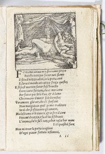 Strona z „Sonetti Lussuriosi” Pietro Aretino, ilustrowana przez Giulio Romano i rytowana przez Marcantonio Raimondi, wydana Wenecja, ok. 1527 (druk i drzeworyt) autorstwa Italian School