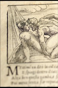 Strona z „Sonetti Lussuriosi” Pietro Aretino, ilustrowana przez Giulio Romano i rytowana przez Marcantonio Raimondi, wydana Wenecja, ok. 1527 (druk i drzeworyt) autorstwa Italian School