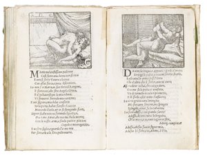 Strona z „Sonetti Lussuriosi” Pietro Aretino, ilustrowana przez Giulio Romano i rytowana przez Marcantonio Raimondi, wydana Wenecja, ok. 1527 (druk i drzeworyt) autorstwa Italian School